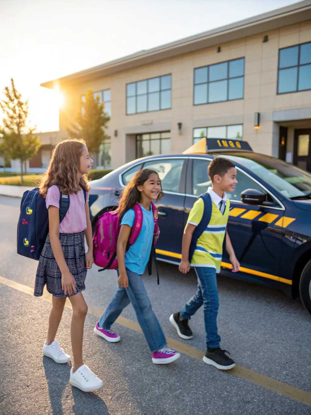 A group of students safely boarding a Ritzeker taxi, highlighting the company's commitment to secure and dependable student transport.