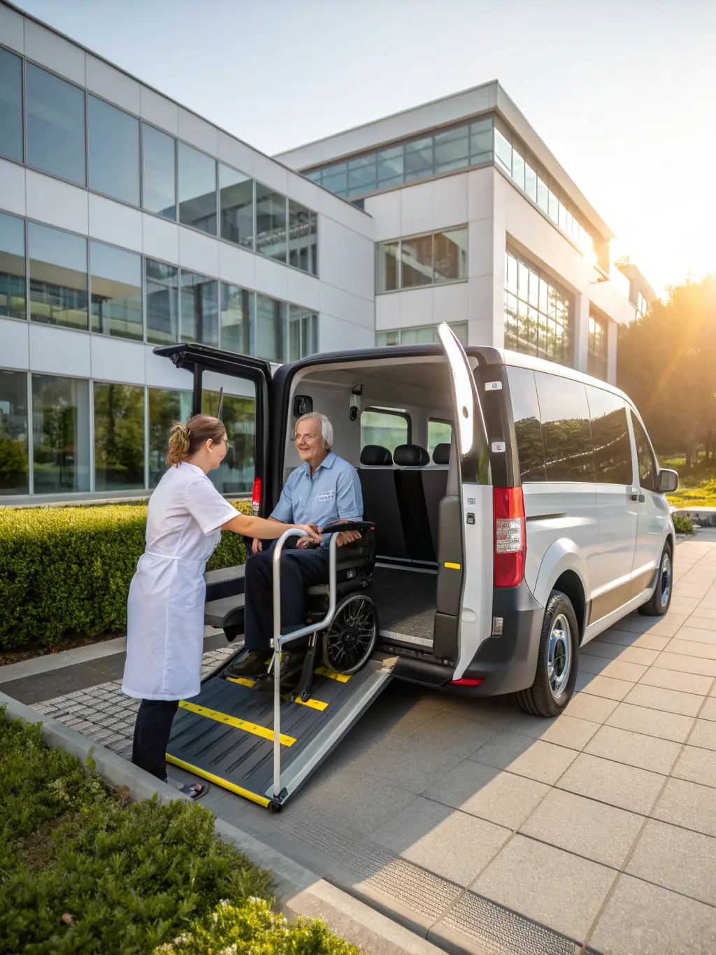 A clean and well-maintained taxi transporting a patient to a healthcare facility, emphasizing Ritzeker's focus on safe and comfortable healthcare transport.