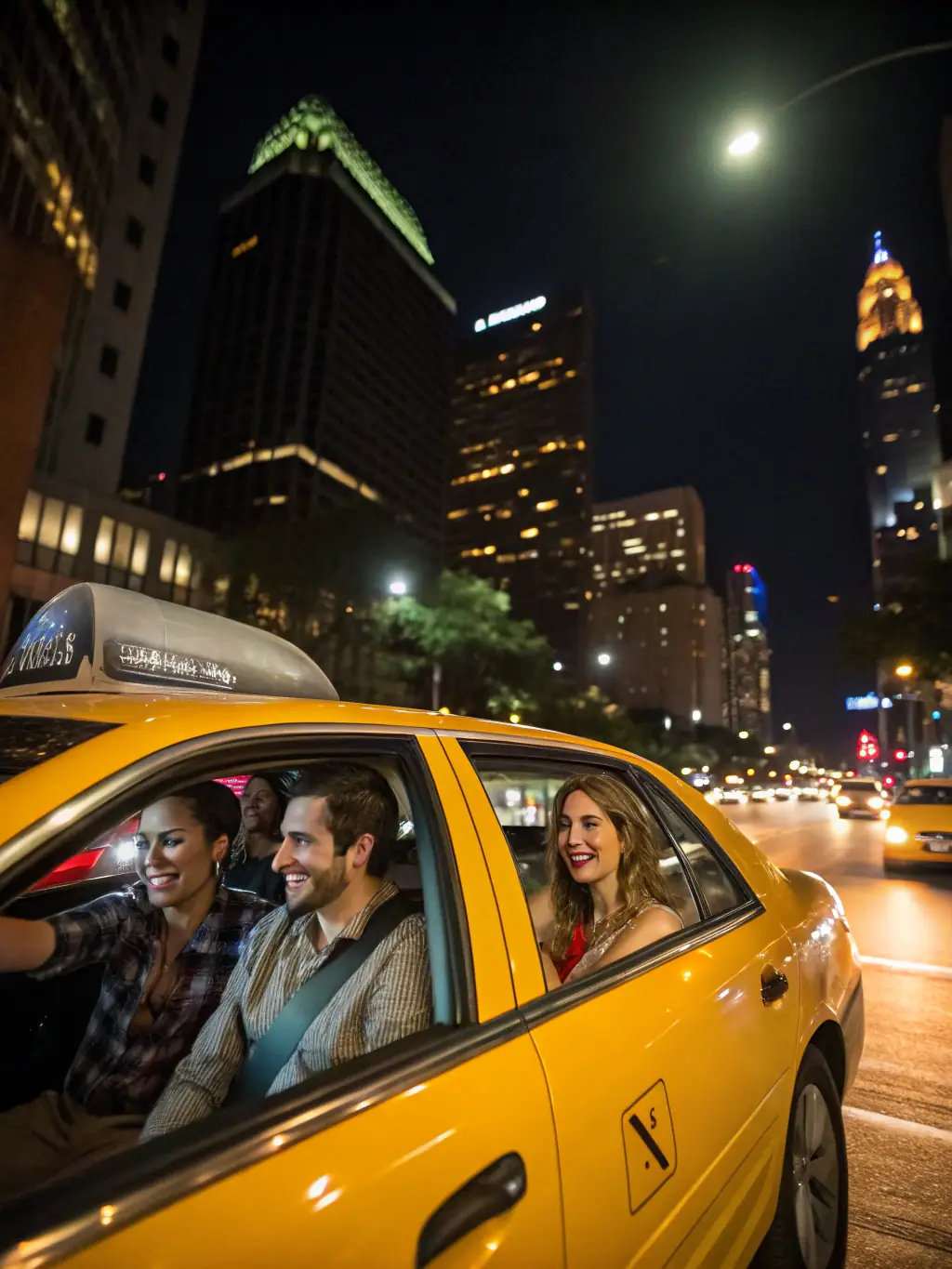 A diverse group of passengers smiling and enjoying a comfortable ride in a Ritzeker taxi, illustrating the company's commitment to customer satisfaction.