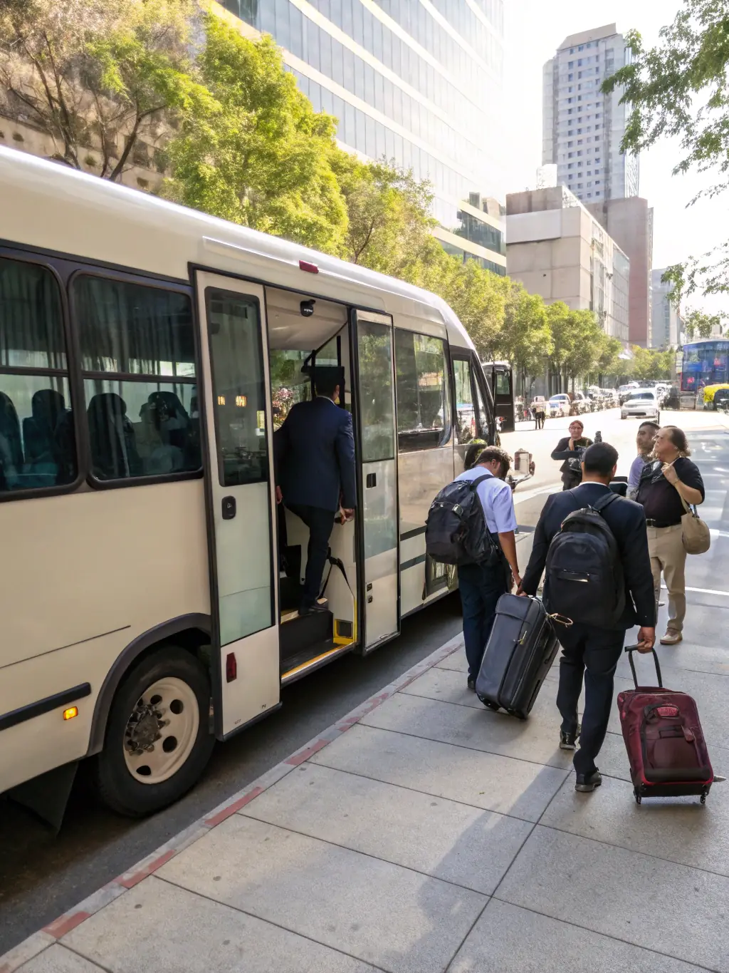 A group of students cheerfully boarding a clean and modern minibus, highlighting Ritzeker's student transport service.