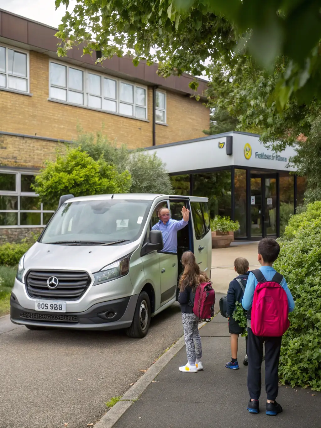 A photograph of a modern, clean Ritzeker taxi van with the Ritzeker logo prominently displayed, parked in front of a school during student drop-off time. The scene should convey safety and reliability.