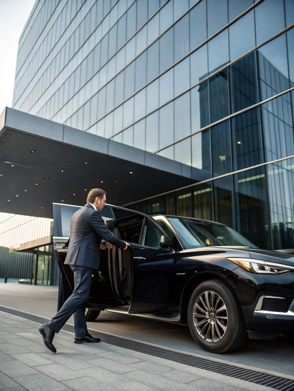A professional driver in a suit opens the door of a luxury sedan for a business executive outside a modern office building, emphasizing Ritzeker's commitment to punctuality and professionalism.