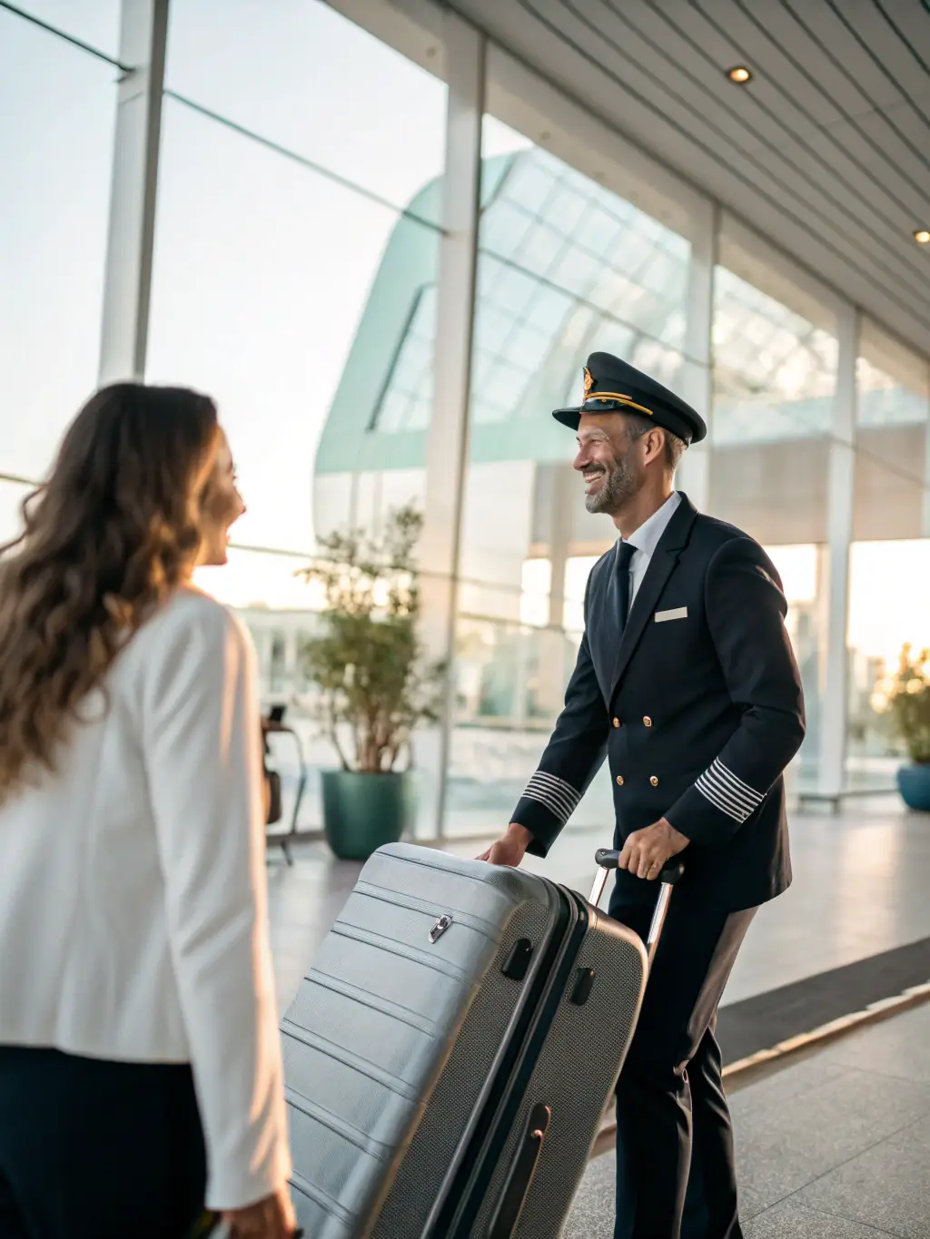 A Ritzeker driver, professionally dressed, assists a business client with their luggage at an airport, highlighting the personalized service provided.