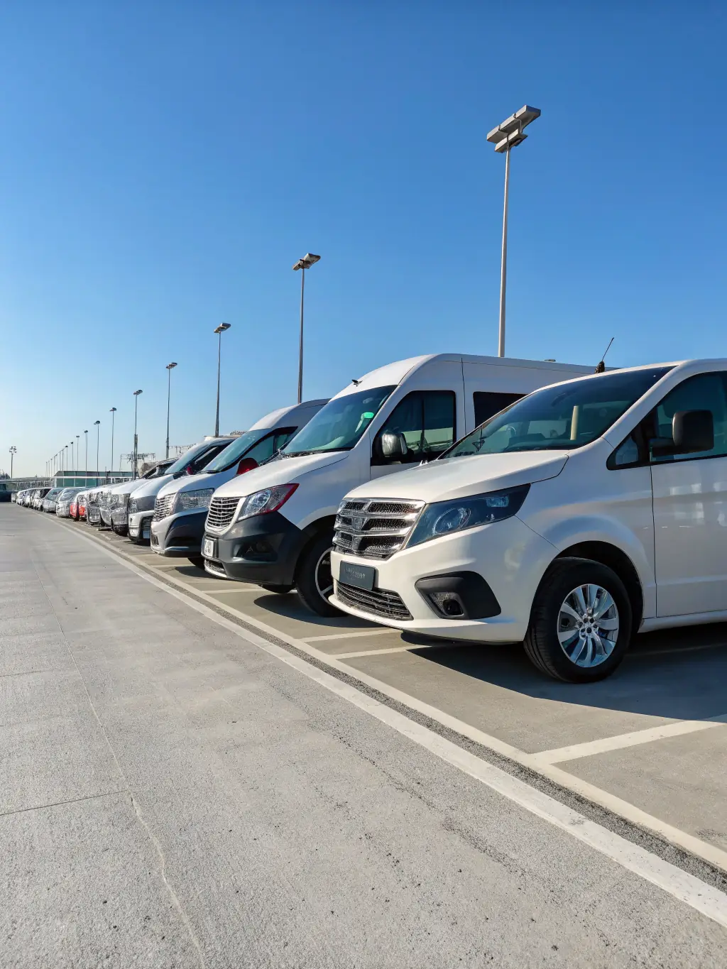A fleet of diverse Ritzeker vehicles (sedans, vans) parked neatly, representing the variety of transport solutions available for different business needs.