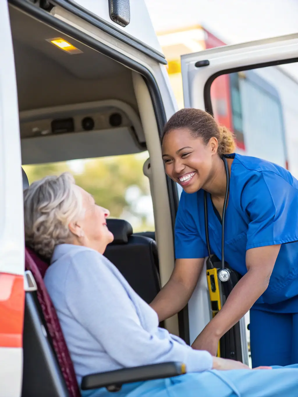 A professional, friendly driver assisting a patient with mobility issues into a clean, modern taxi, showcasing Ritzeker's commitment to accessible healthcare transport.