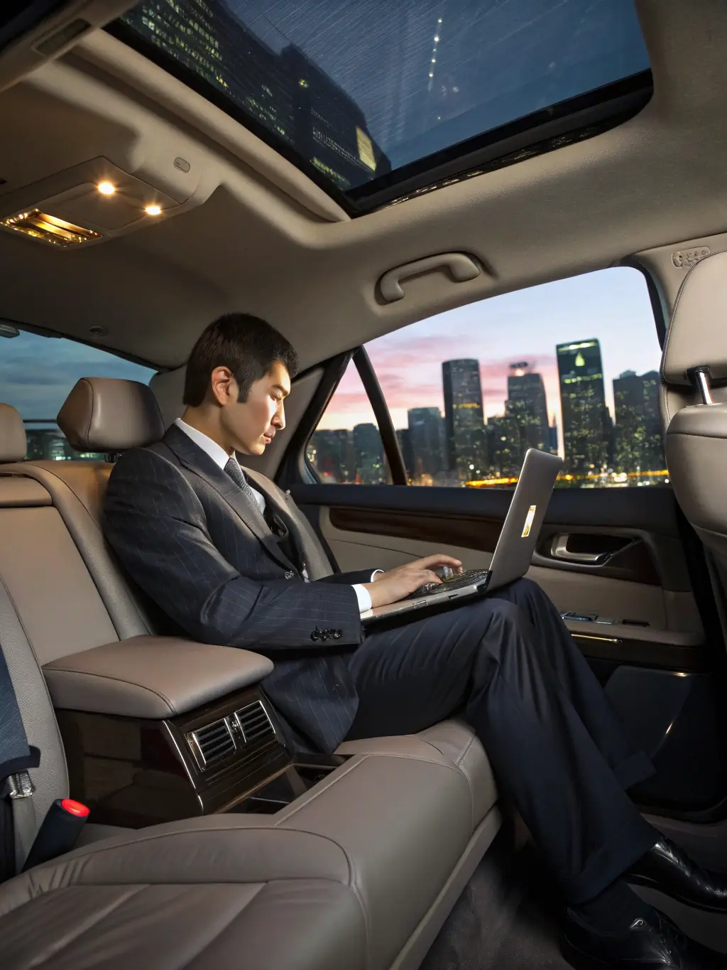 Inside a spacious and well-maintained Ritzeker taxi, a business traveler works comfortably on their laptop, showcasing the comfort and productivity offered during transit.
